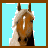 six square with light blue backgrounds and brown borders; the top-left shows a pixelated horse head, while other display text 'alyssa loves horses' with red or white hearts