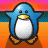 Pixelated penguin character with blue body, white belly, yellow beak and feet against orange gradient background.