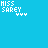 Pixel art icon with 'MISS SAREI' text and three dots on a cyan background, featuring color variations in the letters across frames.