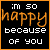 Black background with orange border displays text: ':im so happy because of you' in pixelated fonts, where 'happy' is large and orange while other words are white.
