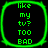Four identical green pixelated text arranged in a on a black background, each displaying 'like my tv? TOO BAD' in a retro digital font