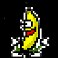 Pixelated banana character with white limbs and red mouth in four poses against black background.