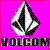 Pixelated icon with a white and black teardrop shape on bright pink background, below which is pixelated text reading 'VOLCANO' in dark gray.
