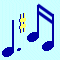 Pixelated music note icons with yellow sharp symbols on light blue background, showing color variations in note heads.