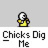 Animated contact sheet of a pixel art buddy icon featuring two characters interacting across multiple frames, with text "Chicks Dig Me" below each frame on a gray background.