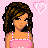 Pixel art icon of a woman with curly brown hair wearing a pink and white striped top, standing against a solid light pink background with a pixelated heart symbol to the right.