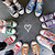 A circular arrangement of multiple feet in various shoes surrounding a heart symbol on dark gray background.