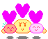 Pixel art of three rounded characters with pink hearts above them, arranged in a on gray background; expressions change from neutral to smiling across frames