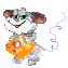 Animated cartoon mouse with green eyes, brown ears, and white fur holds an orange heart-shaped object against a gray background.
