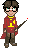 Pixel art character in red robe with yellow 'H' stands holding brown staff emitting red particles, changing particle count across frames.