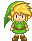 Pixel art character with green tunic, brown boots, and green pointed hat, shown in two poses against gray background.