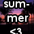 Pixelated text reads 'sum-mer is a lie <3' over a sunset landscape with purple and orange hues.