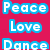 Pixelated text 'Peace Love Dance' repeated across four colored quadrants with varying text colors and backgrounds.
