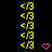 Yellow '<3' symbols arranged in on black background with pink heart and arrow icons; some hearts animate to arrows