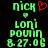 Green pixelated text displays 'nick', 'loni', 'pouin', and '8.27.06' with a red heart symbol above the first frame's 'nick'.