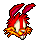 Pixelated red rabbit head with pink inner ears, white muzzle, green eyes, and orange-yellow fur around the face on gray background.