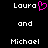 Pixelated text displays 'Laura' with a pink heart symbol, followed by 'and', then 'Michael' on black background.