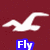 Maroon background with white seagull silhouettes and blue text labels 'Fly Fly!' and 'Birdie' in pixelated style.