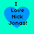 Four identical blue heart-shaped icons with black text "I Love Nick Jonas!" on a cyan background, arranged in a