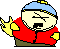 Pixelated cartoon character in red jacket and blue hat with yellow accents, shown in two sequential poses against gray background.