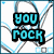 Pixelated text reads 'you rock' in cyan with black outline on top-left, 'my <333' in white and black on top-right, and 'world!' in cyan at bottom-left over abstract blue-gray background.