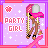 Pixel art of a girl with long braided hair wearing a pink and gray cap, pink top, and black shoes, standing on a pink X-shaped object against a light purple background with white stars and a pink flower.