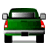 Pixelated green pickup truck viewed from the rear, featuring red taillights, silver bumpers, and a white license plate area.