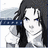 Pixelated image of a person with long dark hair, white face paint, and blue eyes wearing a white top against a light background.