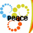 Pixelated icon with blue, yellow, and orange circular patterns surrounding the word "PEACE" in bold black letters.