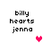 Pixelated text 'billy hearts jenna' appears in four identical with a single pink heart icon changing position