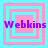 Four identical square arranged in a , each containing layered pink and cyan squares with purple text reading "Webkins"