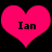 Two identical pink heart shapes with black text 'Ian' centered inside each, set against a solid black background.