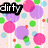 Pixelated pattern of overlapping pink, purple, green, and light blue circles on a light pink background with black text overlays reading dirty, blands, have, more, fun, and 43.
