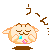 Pixelated cat-like character with closed eyes, pink flower on chest, blue teardrop, and brown ground base; speech bubbles show purple fish icon.