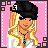 Pixel art contact sheet of four animated frames showing a blonde character in black cap with white 'A' logo, blue eyes, and necklace against pink background with text variations.