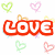 Red 'LOVE' text with white fill and orange accents, surrounded by four pixelated heart shapes in green and pink on a white background.