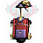 Pixelated figure with red torso, purple lower body, and dark limbs, wearing a multicolored hat with a yellow top and dark brim, standing against a white background with faint pastel cloud shapes.