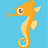 Pixelated orange seahorse with curled tail, white eye ring, red and black eye details, and light yellow fins against solid light blue background.