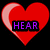 Five red heart-shaped icons with purple text overlays on a black background, each displaying different words or symbols.