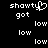 Pixelated text and repeated 'low' words on black background with a heart symbol replacing the 'y' in 'showty'.