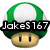 Pixelated green-capped mushroom with white top and brown stem, overlaid with black banner containing white text "Jake5167" on white background.
