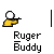 Pixel art icon of a yellow-shirted figure with white head holding a black rifle, positioned above 'Ruger Buddy' text on gray background.