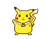 Pixelated yellow Pikachu with red cheeks, black eyes, and a blue-and-white collar, shown in four distinct poses against a gray background.