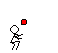 Pixelated stick figure holds red square in three sequential poses: raised above head, held at chest, and extended forward.