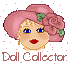 Pixelated doll avatar with pink hat and rose, red lips, blue eyes, and 'Doll Collector' text below on gray background with red dots.