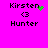 Pixelated text and symbols on a bright pink background with green pixel clusters animating near the top-right of 'Kirsten' text.