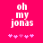 Pixelated text 'oh my jonas' on bright pink background with five small heart symbols below, two versions differ in heart coloration.