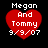 Four red heart-shaped icons with white text reading "Megan And Tommy 9/9/07" on a black background, each showing slight variations in pixel rendering.