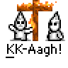 Animated contact sheet of 14 frames showing a pixel art stick figure being burned at the stake with fire effects and repeated text "KK-Aagh!" below each frame.
