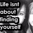 Black-and-white image of a person with long hair and glasses, overlaid with text about life and self-creation.